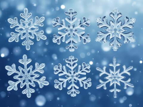Detailed close-up of six unique icy snowflakes against a blurred blue winter background with soft bokeh light effects - Powered by Adobe
