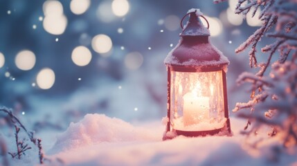 Cozy Lantern in Snowy Winter Scene with Warm Glow