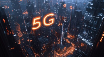 5G digital technology, modern cityscape with glowing "5G" text, fast internet connection.