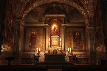 Saint Agustin radiates reverence within a candlelit chapel adorned with exquisite artistry and enduring spiritual motifs.