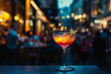 A vibrant cocktail sits on a wooden table in a lively street. The background features blurred lights and people enjoying the night. A beautiful representation of nightlife. Generative AI