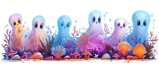 Whimsical sea spirits a colorful gathering of friendly ghostly creatures beneath the ocean waves