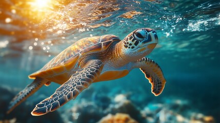 Sea turtle swimming underwater in ocean, wildlife animal.