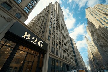 Text B2G against a background of government buildings and business offices.