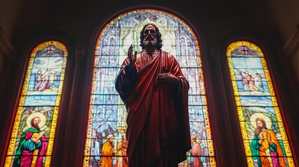 Naklejka premium Saint Chad majestically graces a historic church, surrounded by ornate stained glass that reflects the community's deep devotion and faith.