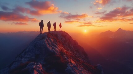 Three people are standing on a mountain peak, looking out at the sunset