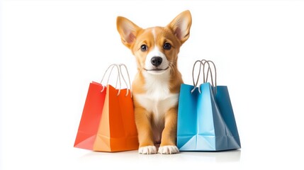 Cute dog with bags ready for discount and sale in shopping mall, isolated on white background.