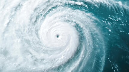 Aerial view of a powerful hurricane swirling over ocean waters.