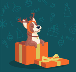 Obraz premium Cute dog in a hat with reindeer antlers is sitting inside gift box. Vector illustration