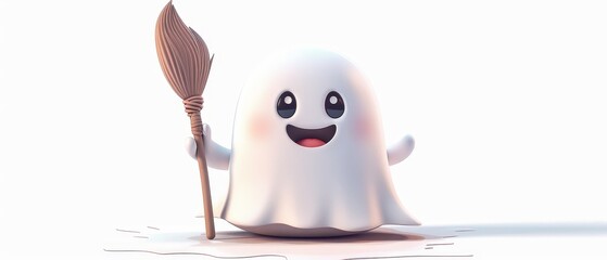 Fototapeta premium Cute Cartoon Ghost Character with Broomstick