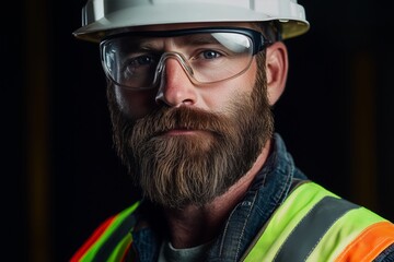 Fototapeta premium Portrait of a man with beard, worker wearing a construction clothing, safety glasses, white helmet, isolated on black background.
