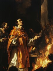 Saint Lawrence of Rome is portrayed as a dignified martyr engulfed in flames, embodying his steadfast faith and divine grace.