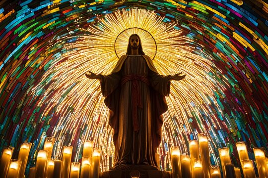 Saint Jude shines brightly in a luminous halo, embodying hope and healing amidst candles and sincere messages of faith.