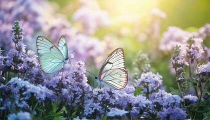 Two colorful butterflies resting on vibrant purple flowers, illuminated by warm sunlight, creating a serene springtime scene.