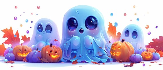 Adorable colorful ghosts celebrate halloween with pumpkins and autumn leaves in a charming scene of fun and festivity