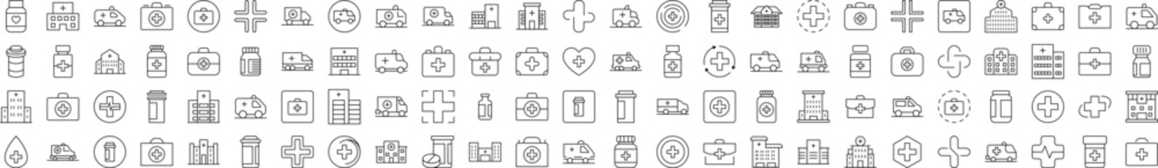 Medical Cross, Suitcase, Pills, Hospital, Treatment Related Image Collection. Editable Stroke. Perfect for Infographics, Articles, Books, Flyers, Banners