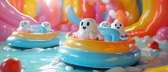 Obraz premium Whimsical ghostly fun explore the colorful world of playful spirits on floating boats in a vibrant bubble-popping wonderland