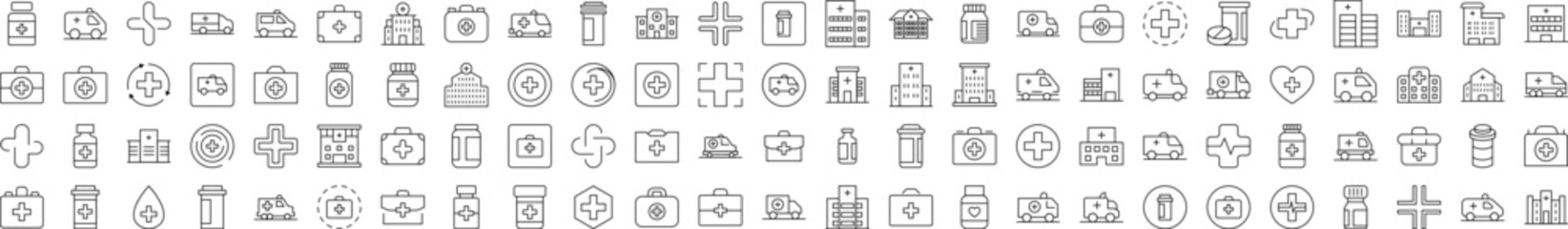 Medical Cross, Suitcase, Pills, Hospital, Treatment Outline Image Collection. Editable Stroke. Perfect for Infographics, Articles, Books, Flyers, Banners