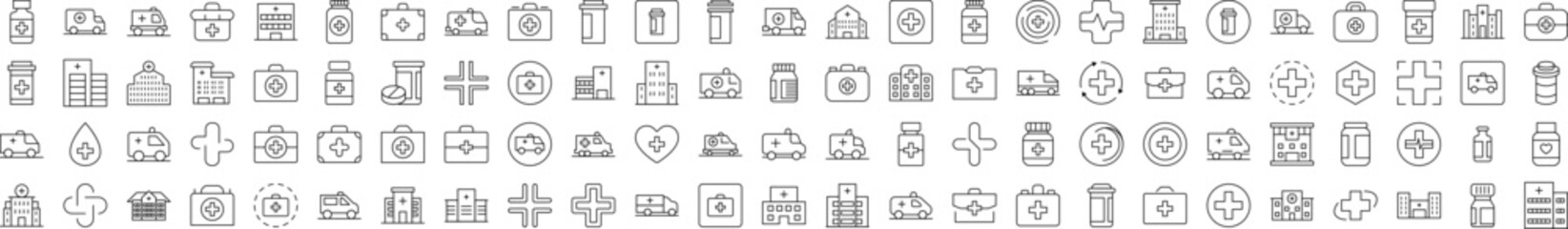 Medical Cross, Suitcase, Pills, Hospital, Treatment Picture Collection. Editable Stroke. Perfect for Infographics, Articles, Books, Flyers, Banners