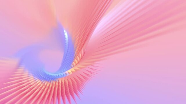 Digital loop animation of a spiral figure in the shape of a Moebius ring consisting of many pointed pyramids with a bright blue-pink gradient. Depth of field effect. 3d rendering 4K