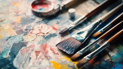 Obraz premium A picturesque artist's studio with painting tools and canvases, Creative artistic expression style, photo of