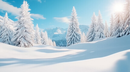 Snow blankets the landscape, while tall trees stand covered in frost, illuminated by morning sunlight