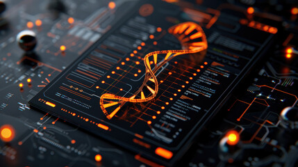 Obraz premium 3D render of DNA double helix intertwined with digital data, showcasing futuristic design. vibrant orange helix stands out against dark, high tech background, evoking sense of innovation and