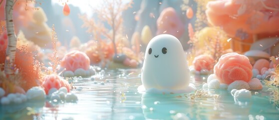 A whimsical ghost character floating peacefully in a dreamy colorful landscape surrounded by soft flora and gentle waters