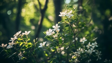  A tight shot of a bush teeming with white blossoms, background consisting of trees in soft focus