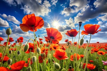 Fototapeta premium a field of blooming red poppies on the background of blue sky. Fresh spring flowers. Illustration for banner, postcard, greeting card, postcard, poster, cover or presentation.