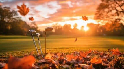 A picturesque golf course during a colorful autumn sunset with leaves falling, Golf clubs positioned amidst golden foliage and a fiery sky, Autumn splendor style