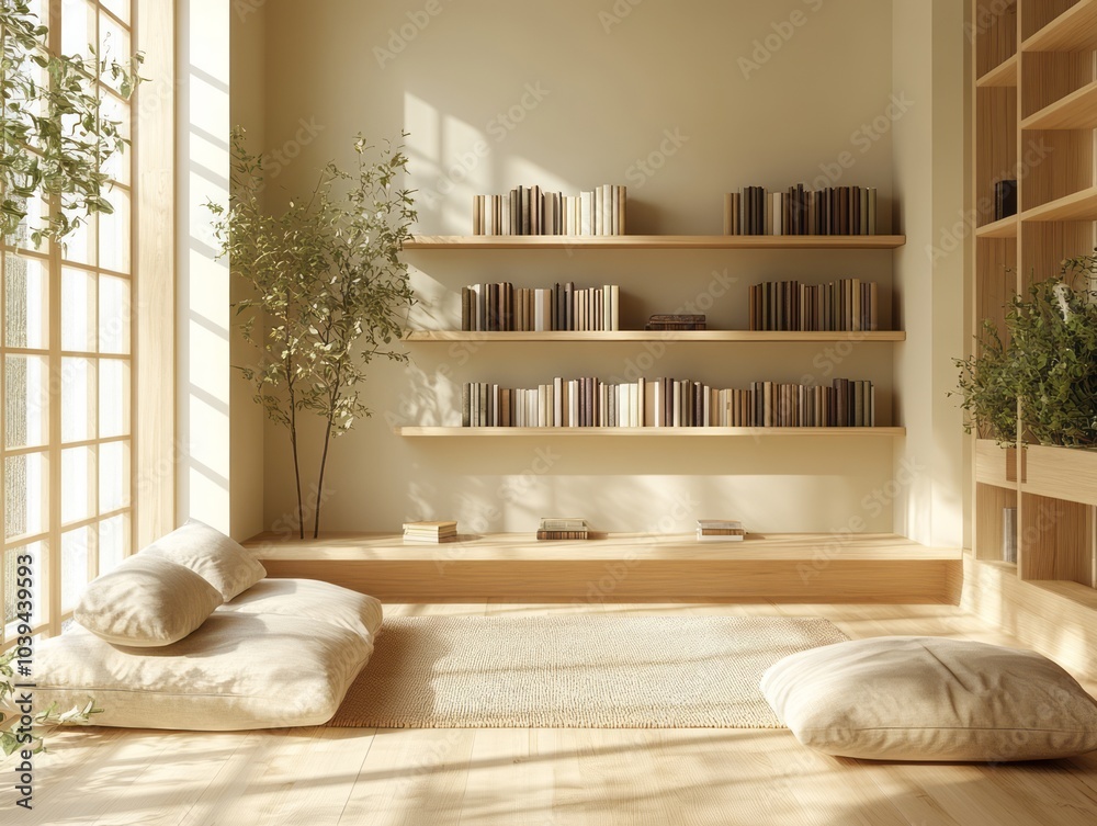 Wall mural minimalist library featuring neutral tones and simple lines