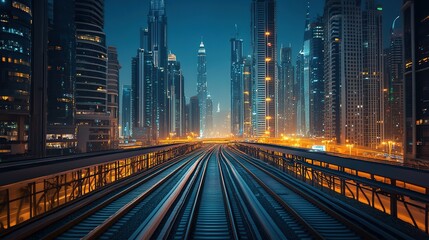 Fototapeta premium Train transportation line connecting various parts of the city is surrounded by skyscrapers