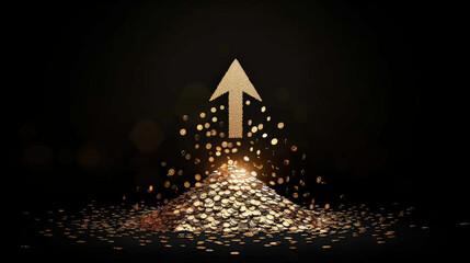 bright financial arrow rising from pile of coins symbolizes growth and prosperity. This captures essence of success and wealth accumulation in striking manner