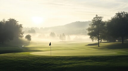 A picturesque golf course during a misty morning with dew-covered fairways, Golf clubs positioned amidst fog and rolling hills, Misty morning elegance style
