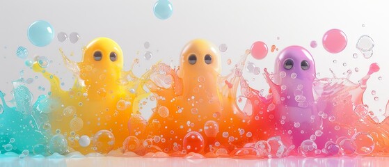 Vibrant ghostly creatures playfully splashing through colorful bubbles in a whimsical scene of joy and fun