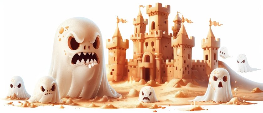 Eerie ghostly invasion a battle of spirits over a sandcastle in a whimsical fantasy realm