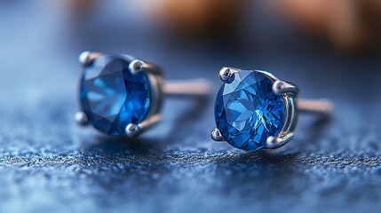 Pair of sapphire studs with deep blue hues placed on a simple minimalistic background focusing on the richness of the gemstone and refined craftsmanship