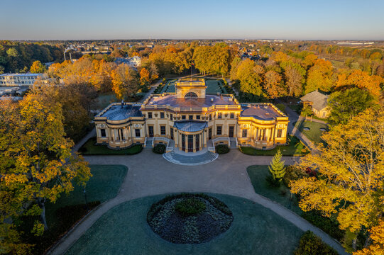Aerial autumn morning sunrise view of Traku Vokes manor, Lithuania