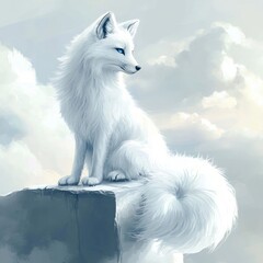 A serene white fox perched on a rocky ledge, gazing into the distance amidst soft clouds.