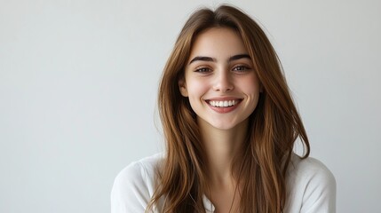 Fototapeta premium Happy young woman smiling happily while looking at camera on white wall background