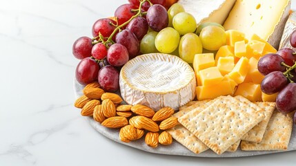 Cheese platter with assorted fruits, crackers, nuts, and a white marble background.