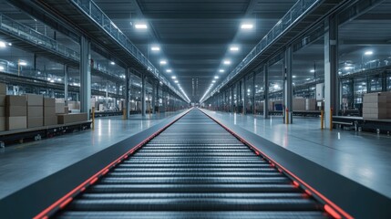 Modern warehouse interior with conveyor belt system