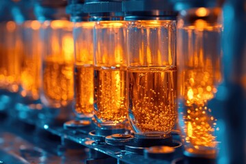 Sparkling beverage bottles illuminated in a production line