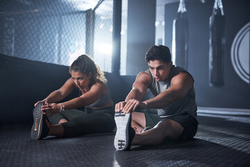 People, stretching and warm up in gym as personal trainer for athlete, sports practice and...