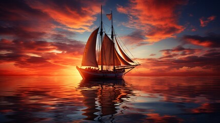 Fototapeta premium A boat floating on the sea with a breathtaking sunset in the background