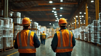 Warehouse workers assessing inventory in a logistics facility