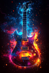 Vibrant abstract fusion background featuring an electric guitar surrounded by colorful musical notes and cosmic elements
