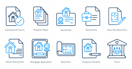 A set of 10 Real Estate icons as architectural terms, property paper, ownership