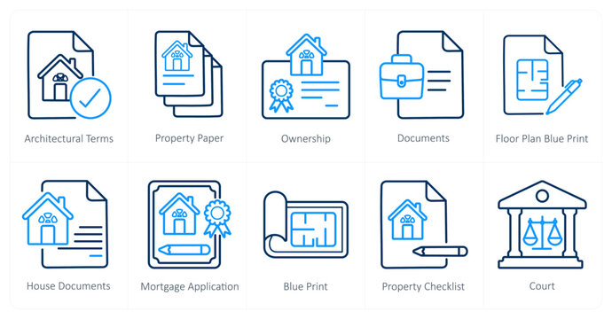 A set of 10 Real Estate icons as architectural terms, property paper, ownership